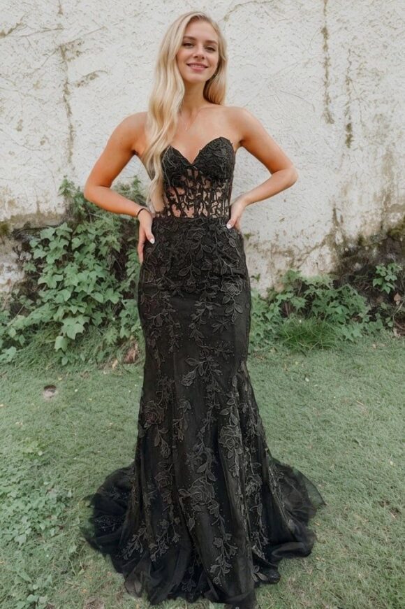 Sheath/Column Tulle Applique Sweetheart Sleeveless Sweep/Brush Train Prom Dresses Sheath/Column Tulle Applique Sweetheart Sleeveless Sweep/Brush Train Prom Dresses