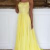 A-line Bateau Sleeveless Sweep Train Chiffon Prom Dresses With Sequins