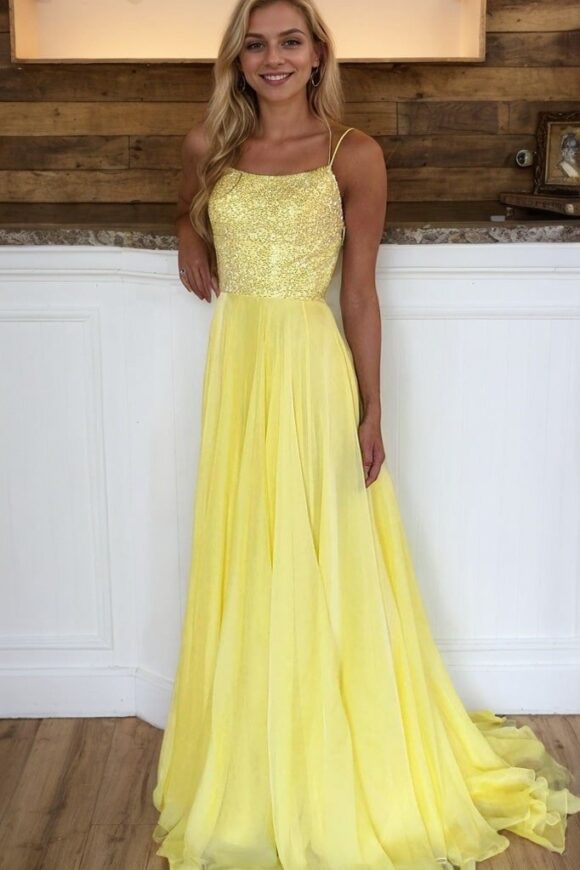 A-line Bateau Sleeveless Sweep Train Chiffon Prom Dresses With Sequins A-line Bateau Sleeveless Sweep Train Chiffon Prom Dresses With Sequins