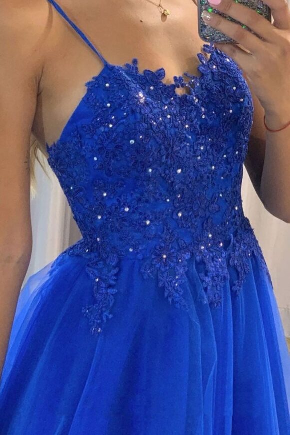 A-line Sweetheart Sleeveless Sweep Train Tulle Glitter Prom Dresses With Appliqued A-line Sweetheart Sleeveless Sweep Train Tulle Glitter Prom Dresses With Appliqued
