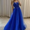 A-line Sweetheart Sleeveless Sweep Train Tulle Glitter Prom Dresses With Appliqued