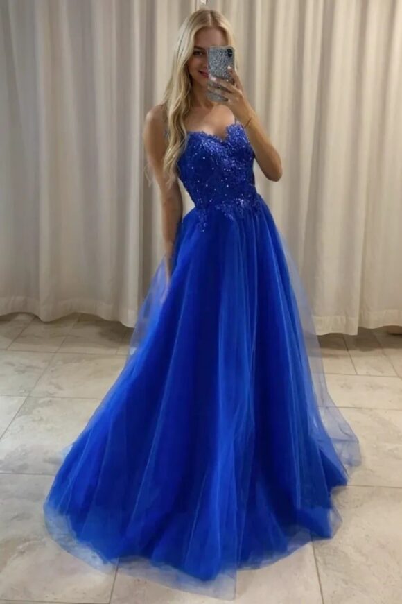 A-line Sweetheart Sleeveless Sweep Train Tulle Glitter Prom Dresses With Appliqued A-line Sweetheart Sleeveless Sweep Train Tulle Glitter Prom Dresses With Appliqued