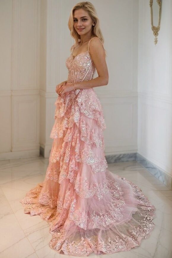 A-Line/Princess Tulle Lace Straps Sleeveless Court Train Prom Dresses A-Line/Princess Tulle Lace Straps Sleeveless Court Train Prom Dresses