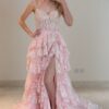 A-Line/Princess Tulle Lace Straps Sleeveless Court Train Prom Dresses