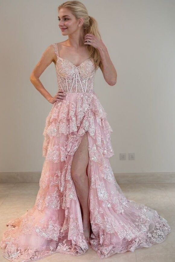 A-Line/Princess Tulle Lace Straps Sleeveless Court Train Prom Dresses A-Line/Princess Tulle Lace Straps Sleeveless Court Train Prom Dresses