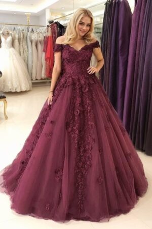 Ball Gown Sleeveless Off-the-Shoulder Sweep/Brush Train Applique Tulle Prom Dresses