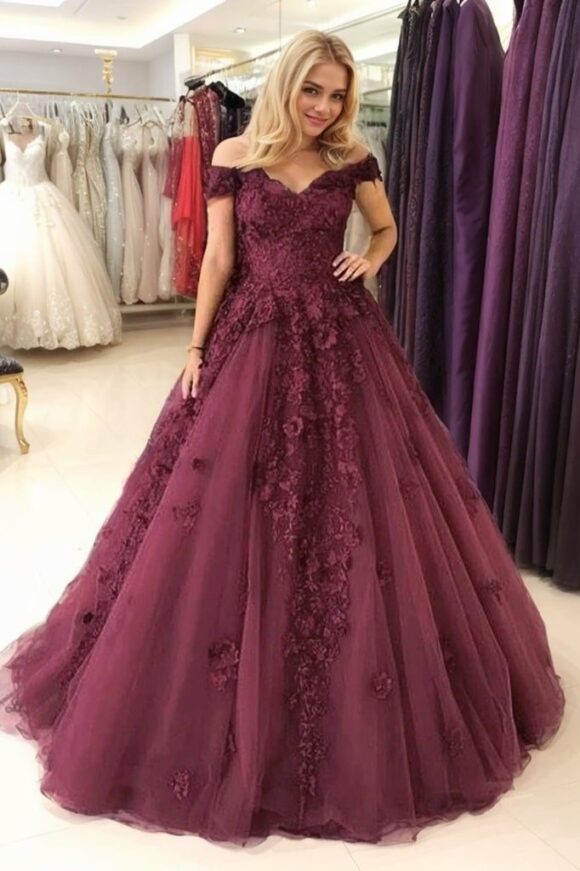 Ball Gown Sleeveless Off-the-Shoulder Sweep/Brush Train Applique Tulle Prom Dresses Ball Gown Sleeveless Off-the-Shoulder Sweep/Brush Train Applique Tulle Prom Dresses