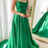 A-line Cowl Neck Spaghetti Straps Sweep Train Charmeuse Prom Dresses With Split Pockets Pleated