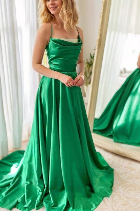 A-line Cowl Neck Spaghetti Straps Sweep Train Charmeuse Prom Dresses With Split Pockets Pleated A-line Cowl Neck Spaghetti Straps Sweep Train Charmeuse Prom Dresses With Split Pockets Pleated