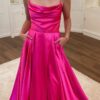 A-line Cowl Neck Spaghetti Straps Sweep Train Charmeuse Prom Dresses With Split Pockets Pleated