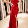 A-line Cowl Neck Spaghetti Straps Sweep Train Charmeuse Prom Dresses With Split Pockets Pleated