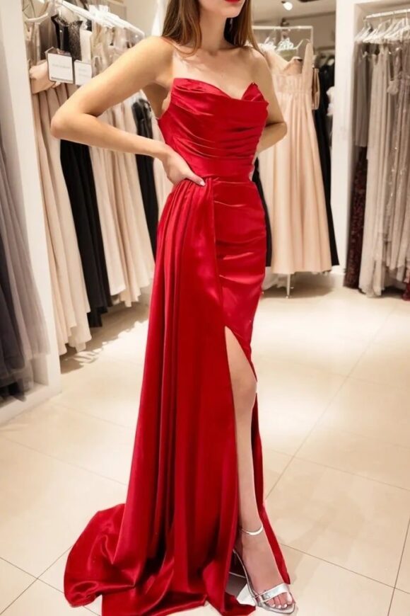 A-line Cowl Neck Spaghetti Straps Sweep Train Charmeuse Prom Dresses With Split Pockets Pleated A-line Cowl Neck Spaghetti Straps Sweep Train Charmeuse Prom Dresses With Split Pockets Pleated