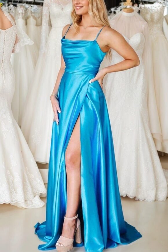 A-line Cowl Neck Spaghetti Straps Sweep Train Charmeuse Prom Dresses With Split Pockets Pleated A-line Cowl Neck Spaghetti Straps Sweep Train Charmeuse Prom Dresses With Split Pockets Pleated