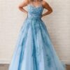 A-Line/Princess Tulle Applique Spaghetti Straps Sleeveless Floor-Length Prom Dresses