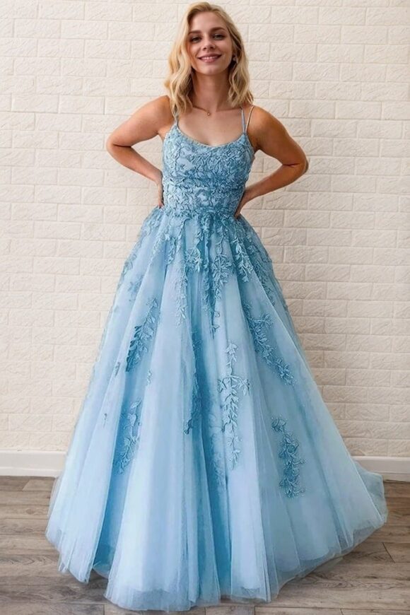 A-Line/Princess Tulle Applique Spaghetti Straps Sleeveless Floor-Length Prom Dresses A-Line/Princess Tulle Applique Spaghetti Straps Sleeveless Floor-Length Prom Dresses