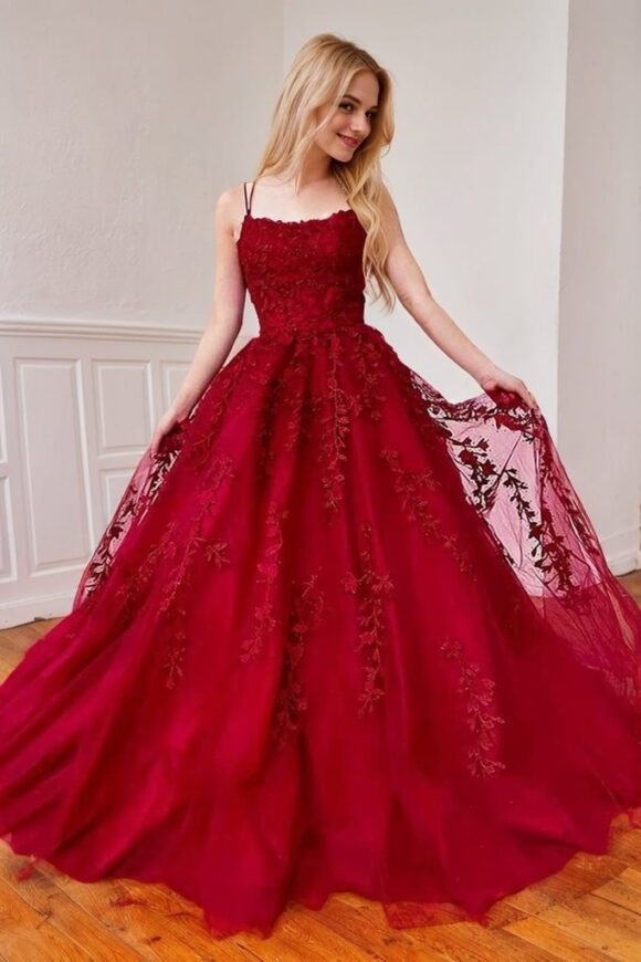 A-Line/Princess Tulle Applique Spaghetti Straps Sleeveless Floor-Length Prom Dresses-374 A-Line/Princess Tulle Applique Spaghetti Straps Sleeveless Floor-Length Prom Dresses-374