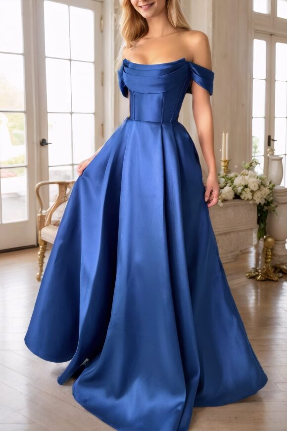 A-Line Satin Long Prom Dress, Simple Off the Shoulder Evening Party Dress A-Line Satin Long Prom Dress, Simple Off the Shoulder Evening Party Dress