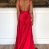 A-line Sleeveless Court Train Satin Prom Dresses With Pleated Split