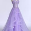 A-line/Princess Sweetheart Sleeveless Sweep Train Tulle Prom Dresses With Beading Appliqued