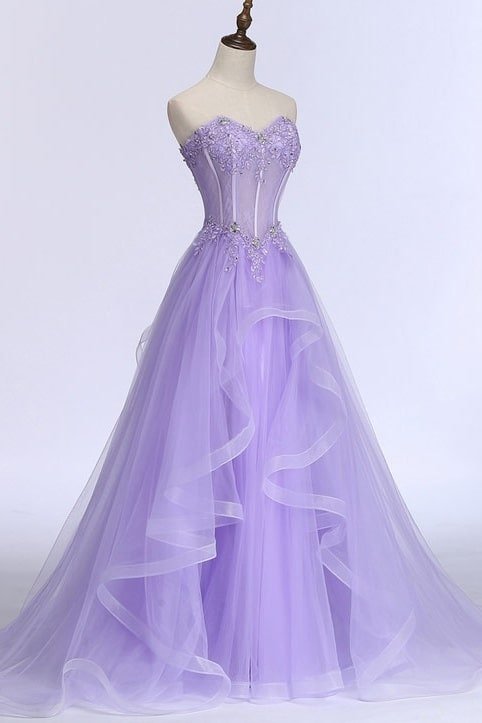 A-line/Princess Sweetheart Sleeveless Sweep Train Tulle Prom Dresses With Beading Appliqued A-line/Princess Sweetheart Sleeveless Sweep Train Tulle Prom Dresses With Beading Appliqued