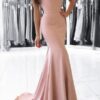 Elastic Satin Prom Dresses Trumpet/Mermaid Off-The-Shoulder Sweep Train With Pleated