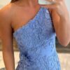 Sheath/Column One-Shoulder Sleeveless Sweep Train Tulle Prom Dresses with Appliqued Beading Split