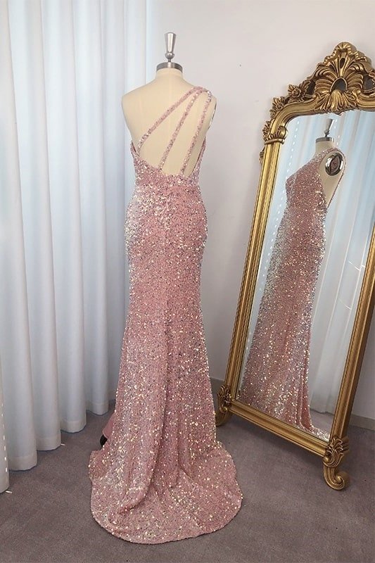 Sheath/Column Sequins One-Shoulder Sleeveless Sweep/Brush Train Prom Dresses Sheath/Column Sequins One-Shoulder Sleeveless Sweep/Brush Train Prom Dresses