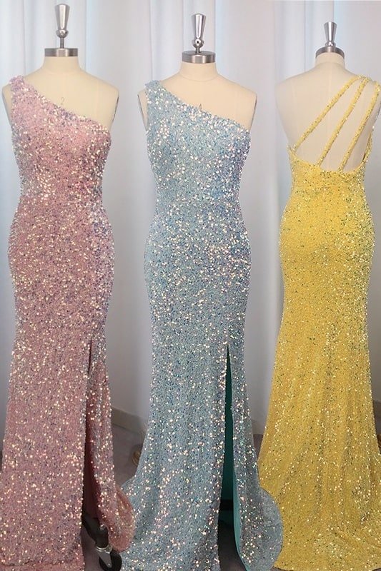 Sheath/Column Sequins One-Shoulder Sleeveless Sweep/Brush Train Prom Dresses Sheath/Column Sequins One-Shoulder Sleeveless Sweep/Brush Train Prom Dresses