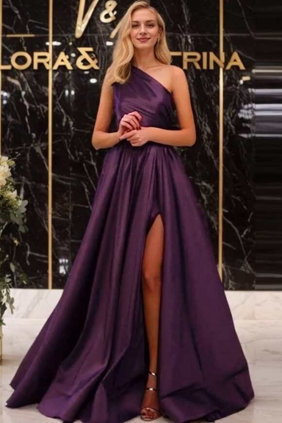 A-line One-Shoulder Satin Prom Dress With Pleated Split A-line One-Shoulder Satin Prom Dress With Pleated Split