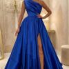 A-line One-Shoulder Satin Prom Dress With Pleated Split