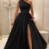 A-line One-Shoulder Satin Prom Dress With Pleated Split