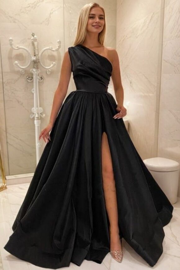 A-line One-Shoulder Satin Prom Dress With Pleated Split A-line One-Shoulder Satin Prom Dress With Pleated Split