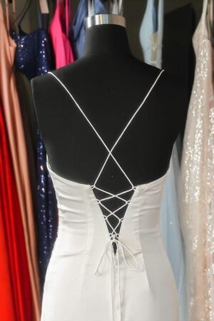 Sheath/Column Elastic Woven Satin Ruched Spaghetti Straps Sleeveless Sweep/Brush Train Prom Dresses