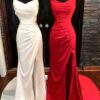 Sheath/Column Elastic Woven Satin Ruched Spaghetti Straps Sleeveless Sweep/Brush Train Prom Dresses