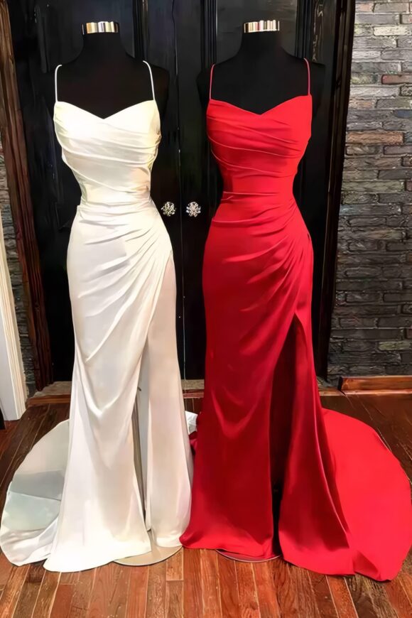 Sheath/Column Elastic Woven Satin Ruched Spaghetti Straps Sleeveless Sweep/Brush Train Prom Dresses Sheath/Column Elastic Woven Satin Ruched Spaghetti Straps Sleeveless Sweep/Brush Train Prom Dresses