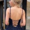 A-line V Neck Spaghetti Straps Sweep Train Tulle Prom Dress With Appliqued