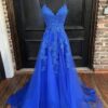 A-line V Neck Spaghetti Straps Sweep Train Tulle Prom Dress With Appliqued