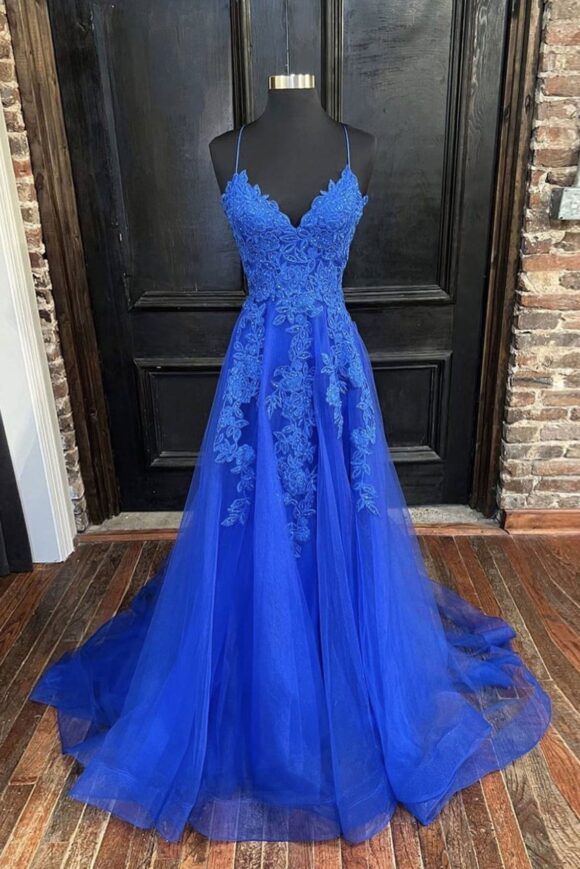 A-line V Neck Spaghetti Straps Sweep Train Tulle Prom Dress With Appliqued A-line V Neck Spaghetti Straps Sweep Train Tulle Prom Dress With Appliqued