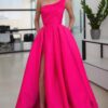 A-line Sleeveless One-Shoulder Long/Floor-Length Satin Prom Dress With Split Ruffles Pockets