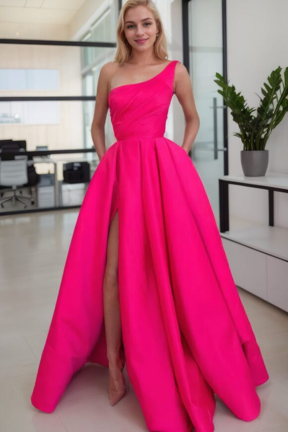 A-line Sleeveless One-Shoulder Long/Floor-Length Satin Prom Dress With Split Ruffles Pockets A-line Sleeveless One-Shoulder Long/Floor-Length Satin Prom Dress With Split Ruffles Pockets