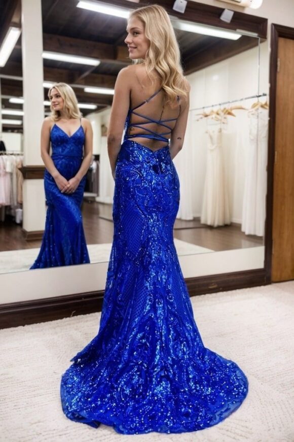 Trumpet/Mermaid V Neck Sleeveless Sweep Train Allover Sparkly Sequined Lace Prom Dress Trumpet/Mermaid V Neck Sleeveless Sweep Train Allover Sparkly Sequined Lace Prom Dress