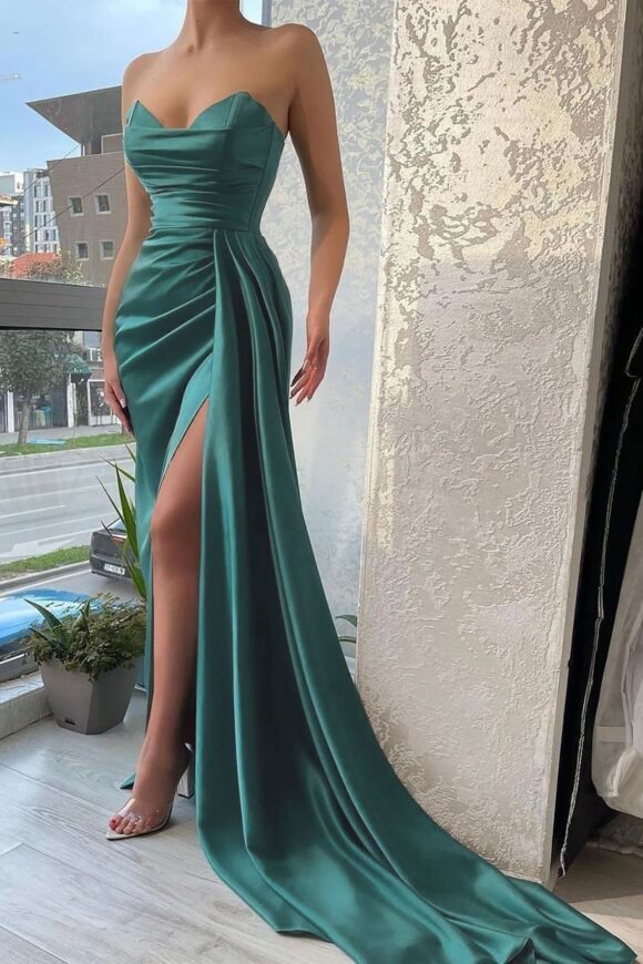 Trumpet/Mermaid Sweetheart Strapless Court Train Satin Prom Dress With Pleated Split Trumpet/Mermaid Sweetheart Strapless Court Train Satin Prom Dress With Pleated Split
