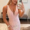 Sheath/Column Trumpet/Mermaid V Neck Sleeveless Velvet Sequins Sweep Train Prom Dress