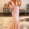 Sheath/Column Trumpet/Mermaid V Neck Sleeveless Velvet Sequins Sweep Train Prom Dress
