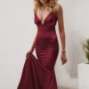 Trumpet/Mermaid V Neck Spaghetti Straps Long/Floor-Length Silk like Satin Prom Dress With Ruffles