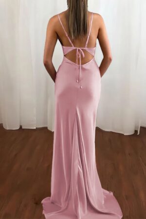 Trumpet/Mermaid V Neck Spaghetti Straps Long/Floor-Length Silk like Satin Prom Dress With Ruffles