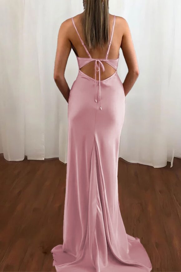 Trumpet/Mermaid V Neck Spaghetti Straps Long/Floor-Length Silk like Satin Prom Dress With Ruffles Trumpet/Mermaid V Neck Spaghetti Straps Long/Floor-Length Silk like Satin Prom Dress With Ruffles