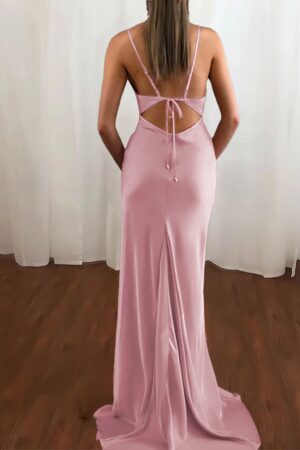 Sheath/Column Cowl Neck Spaghetti Straps Sweep Train Satin Prom Dress-128