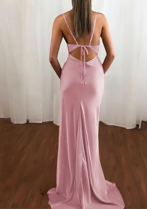 Sheath/Column Cowl Neck Spaghetti Straps Sweep Train Satin Prom Dress-128 Sheath/Column Cowl Neck Spaghetti Straps Sweep Train Satin Prom Dress-128