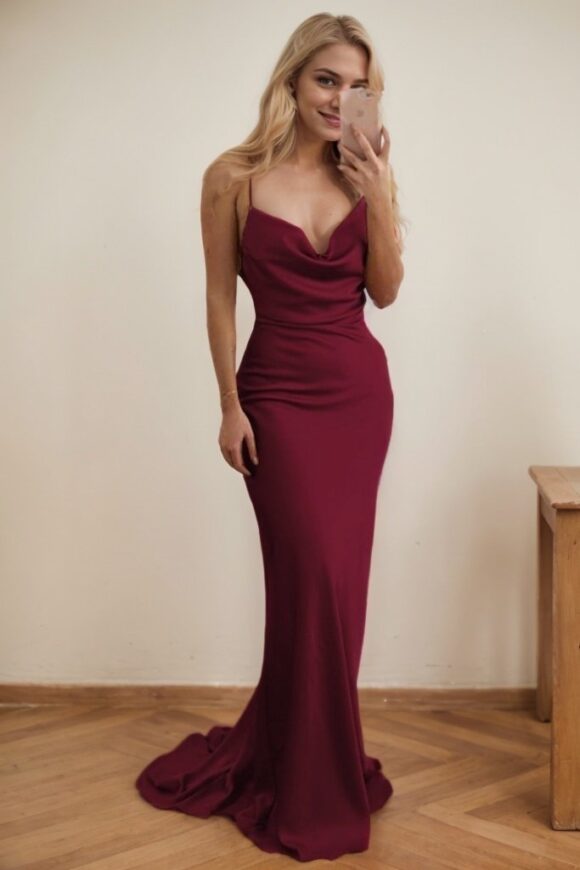 Trumpet/Mermaid V Neck Spaghetti Straps Long/Floor-Length Silk like Satin Prom Dress With Ruffles Trumpet/Mermaid V Neck Spaghetti Straps Long/Floor-Length Silk like Satin Prom Dress With Ruffles